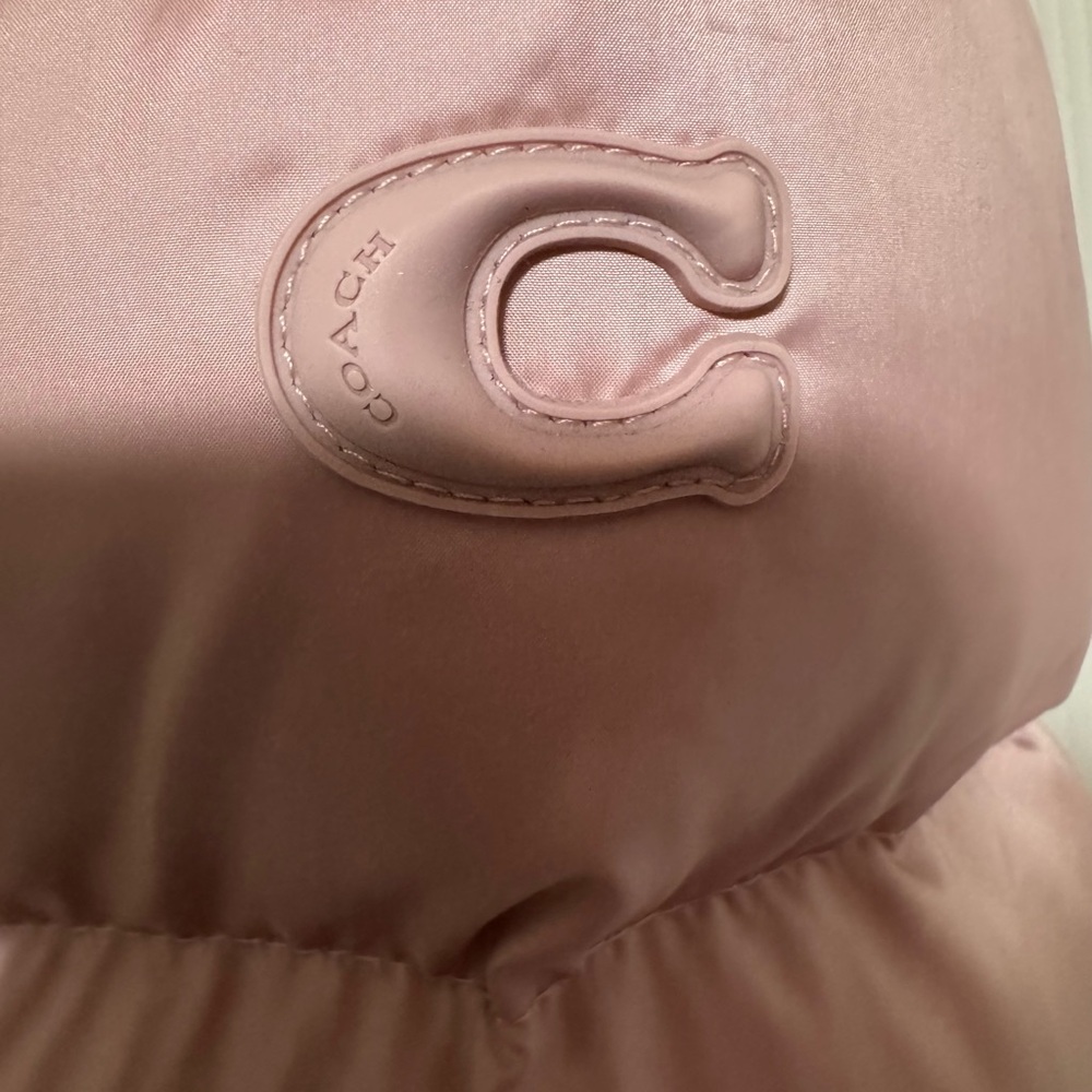 Coach Blush Pink Rose Quilted Long Slim Puffer Hooded Jacket size L - Picture 10 of 13